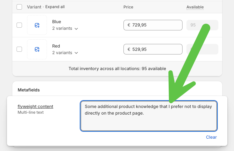Flyweight Content metafield on a Shopify product page