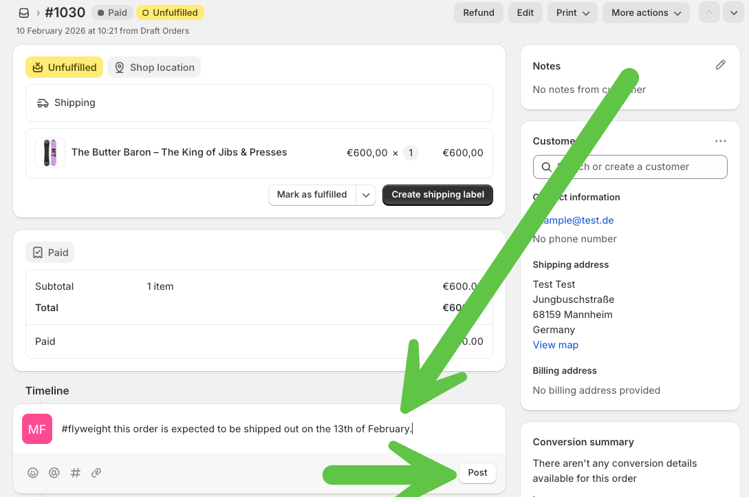 Adding a #flyweight comment in Shopify order timeline