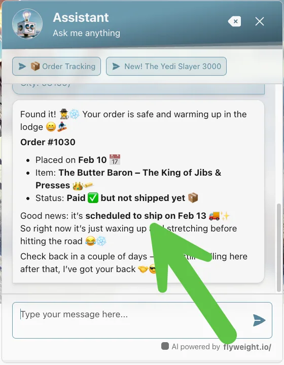 AI chatbot response including order-specific information