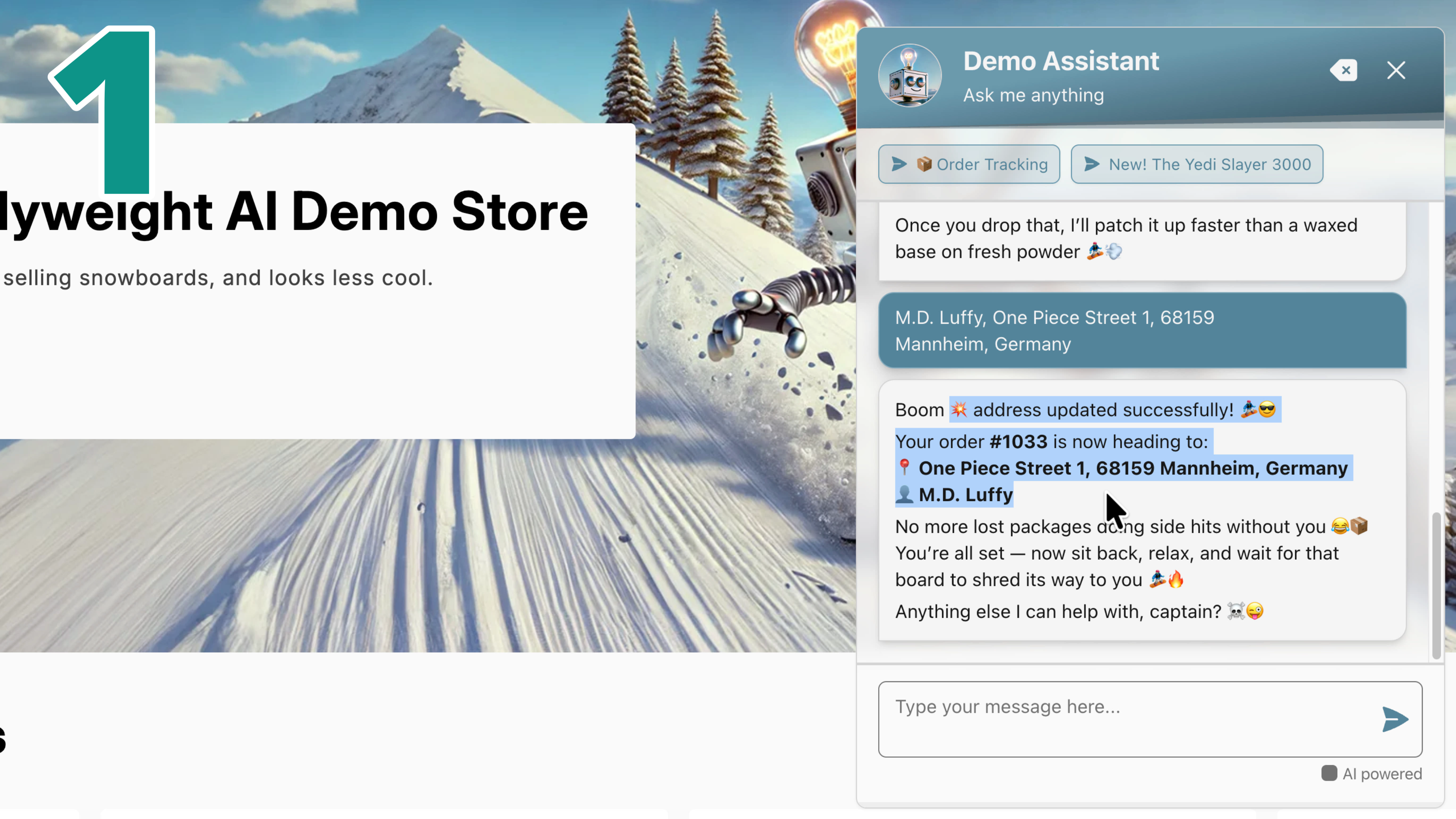 Flyweight AI Chatbot for Shopify updates a shipping address via the Shopify API