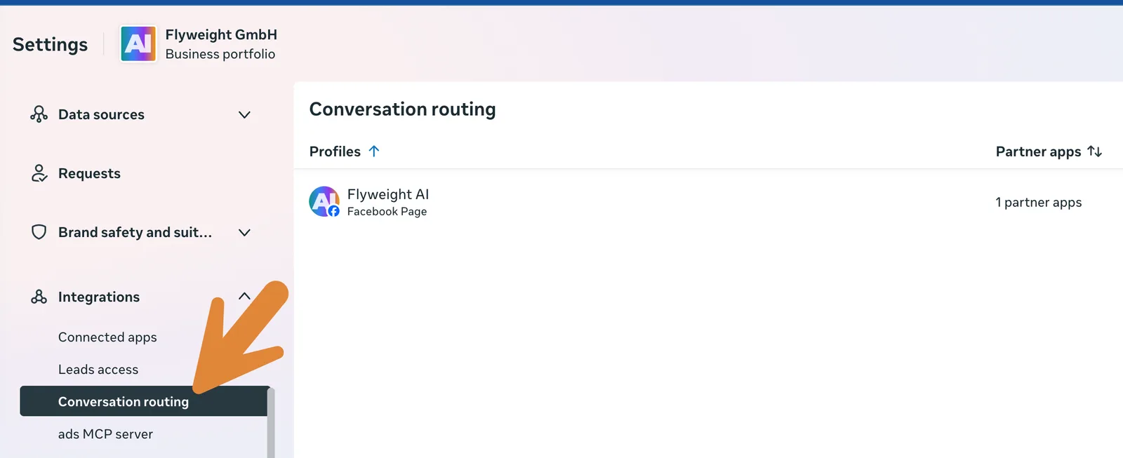 Conversation routing in Meta Business Manager settings under Integrations