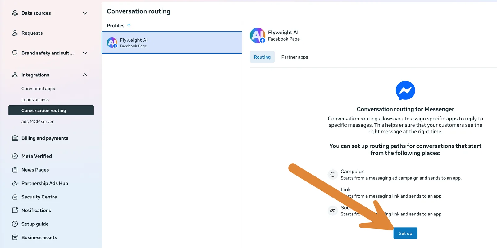 Selecting a profile and starting conversation routing setup for Messenger