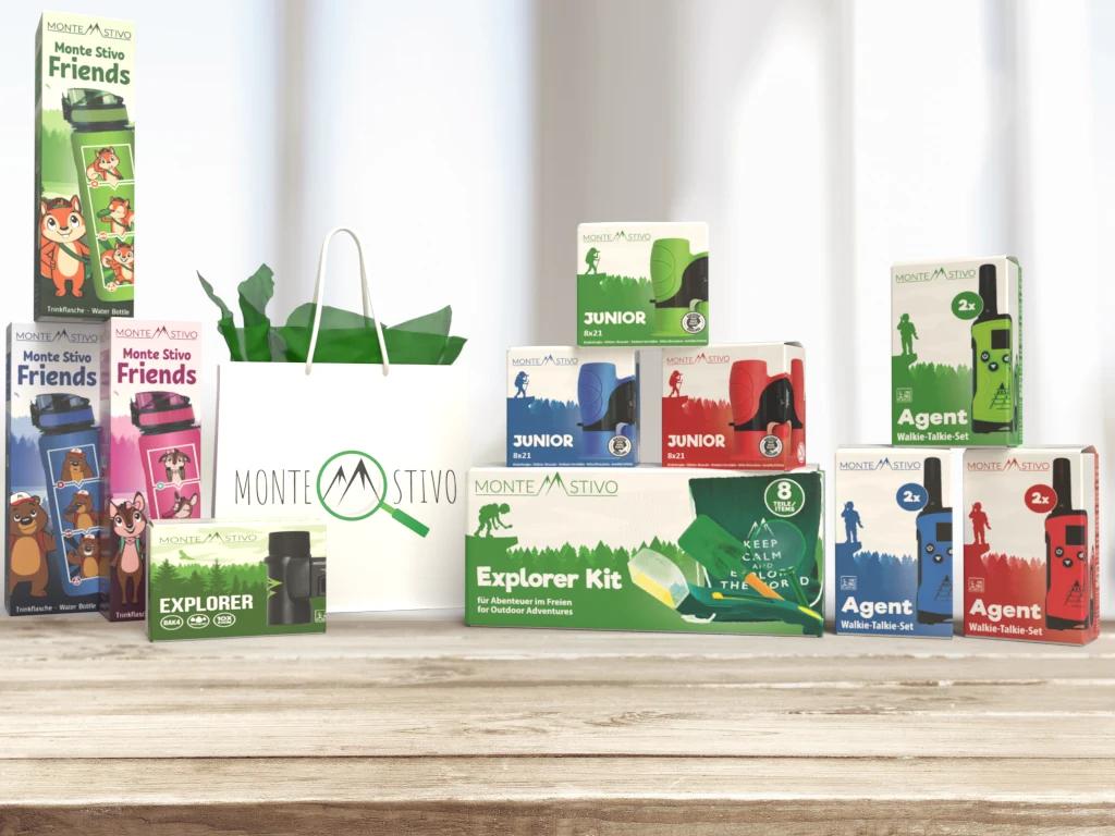 Monte Stivo product range, including children’s binoculars, walkie-talkies, bottles and explorer kits