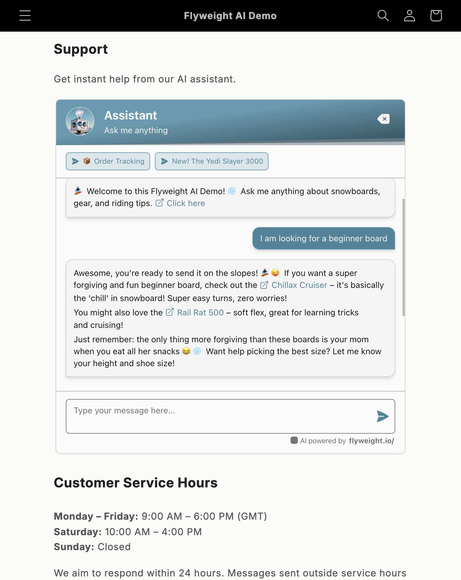 Screenshot of AI chatbot widget embedded on a Shopify store contact page